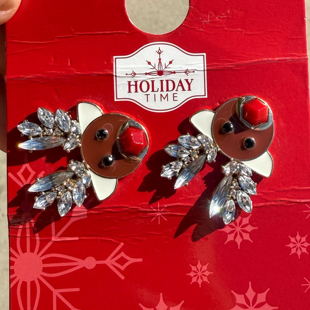 Holiday Time Festive Reindeer Earrings - Red and Brown